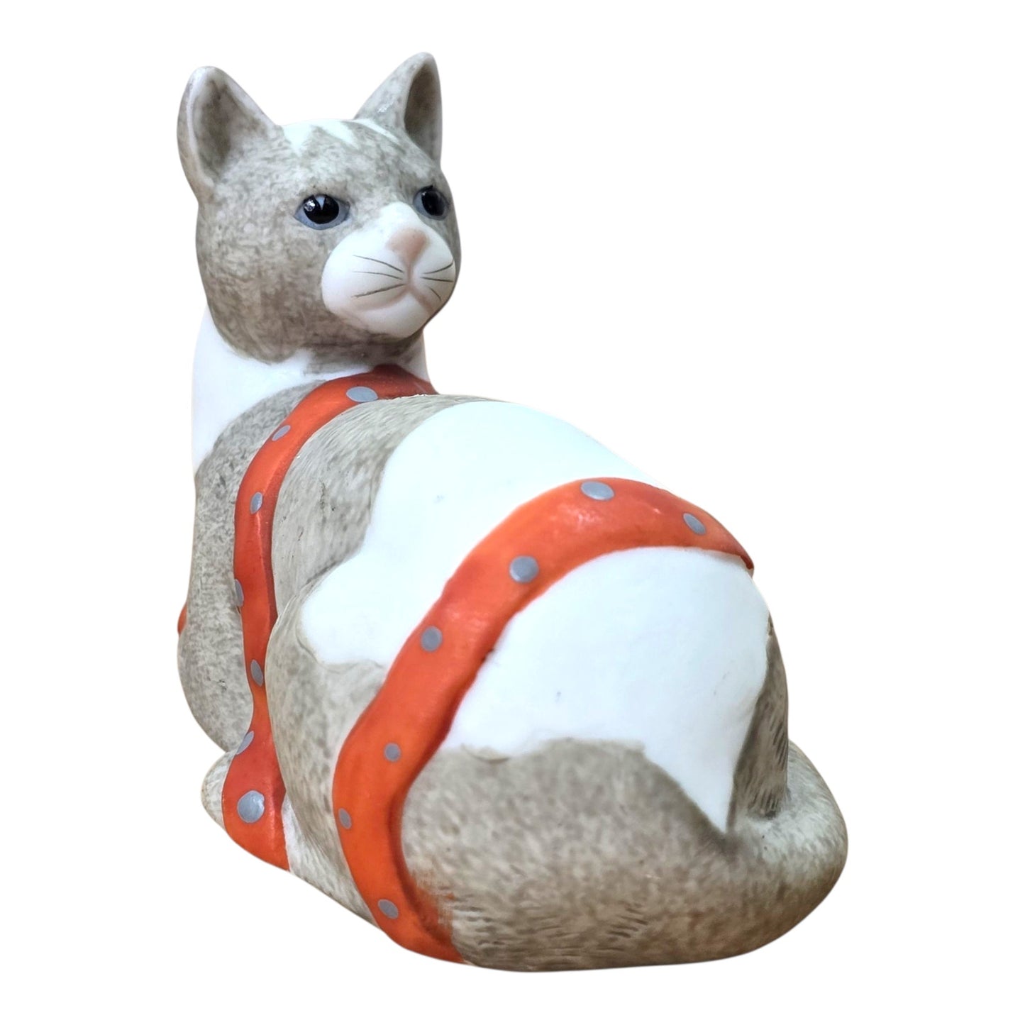Vtg Silvestri Cat Figurine Handcrafted Taiwan Ceramic Gray White Orange Ribbon