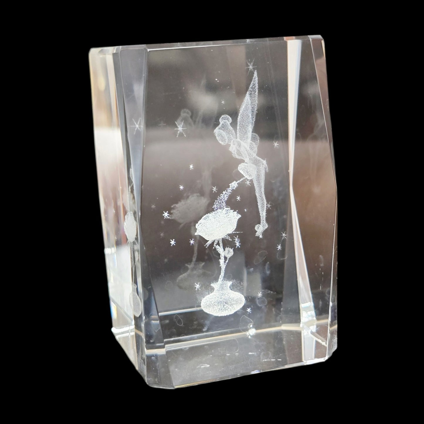 Disney Tinkerbell 3D Crystal Glass Cube Paperweight, Watering Flower Water Can