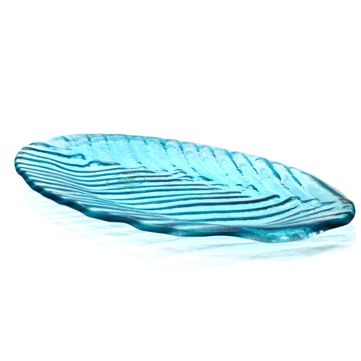 Annieglass Signed, Numbered, Oval Platter, Leaf Dish Handcrafted Artisan Glass Made in USA, Textured Ribbed Glass