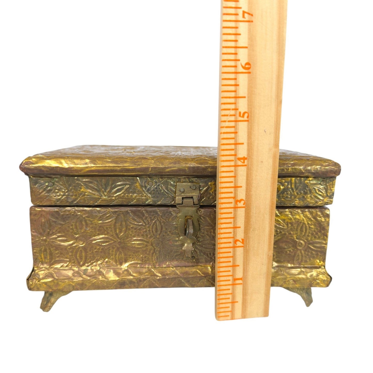 (Reserved for Customer) Vintage Embossed Repousse Brass Jewelry Box Red Velvet Lined Ornate Features