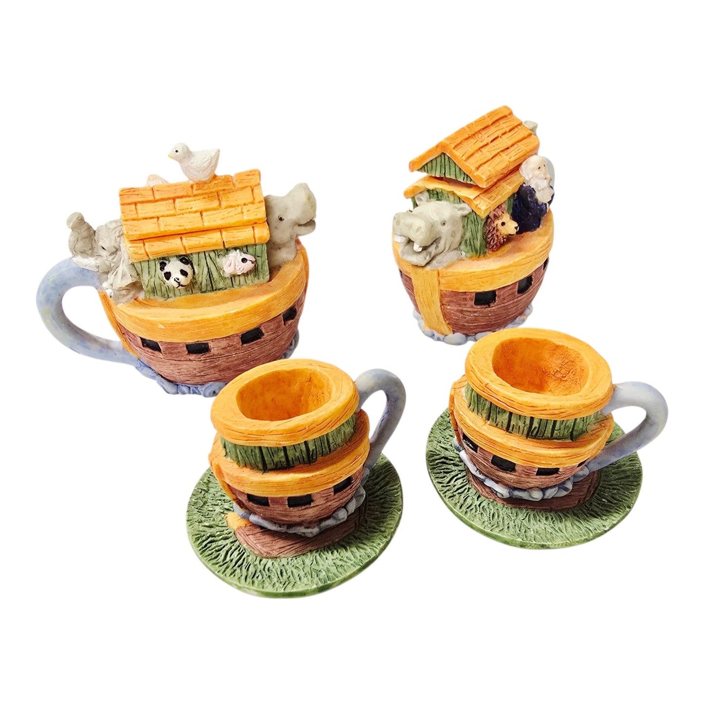 Miniature Ceramic Noah's Ark Tea Set 6pc Hand-painted Animals 2 Teapots Figurine