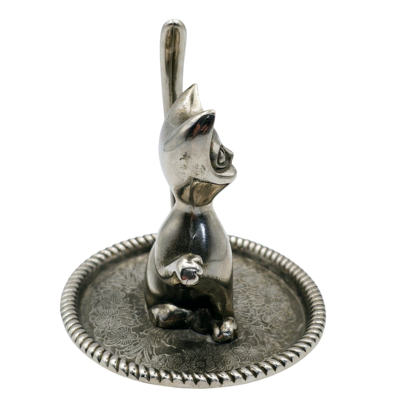 Vintage Silver Plated Cat Ring Holder with Ornate Trinket Underplate