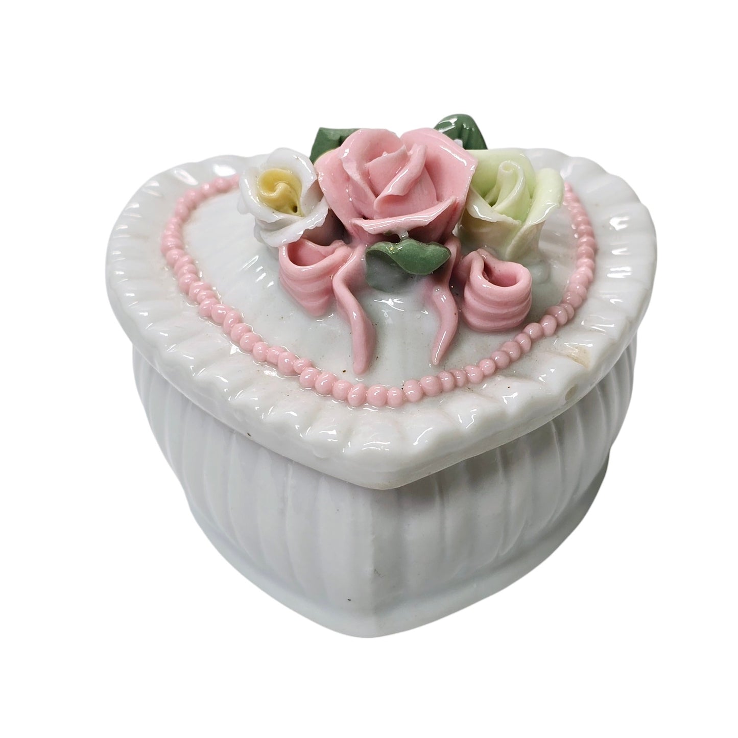 AS IS Vintage Heart Shaped Porcelain Trinket Box Ring Holder with Roses Accents