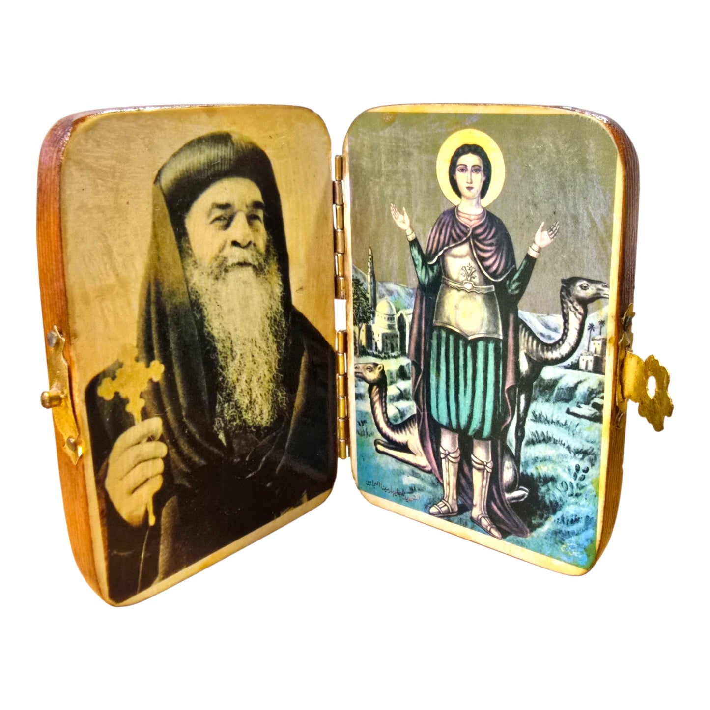 Vtg Wooden Folding Diptych Icons Lot of 2 Religious Pocket Keepsakes Saints Mary