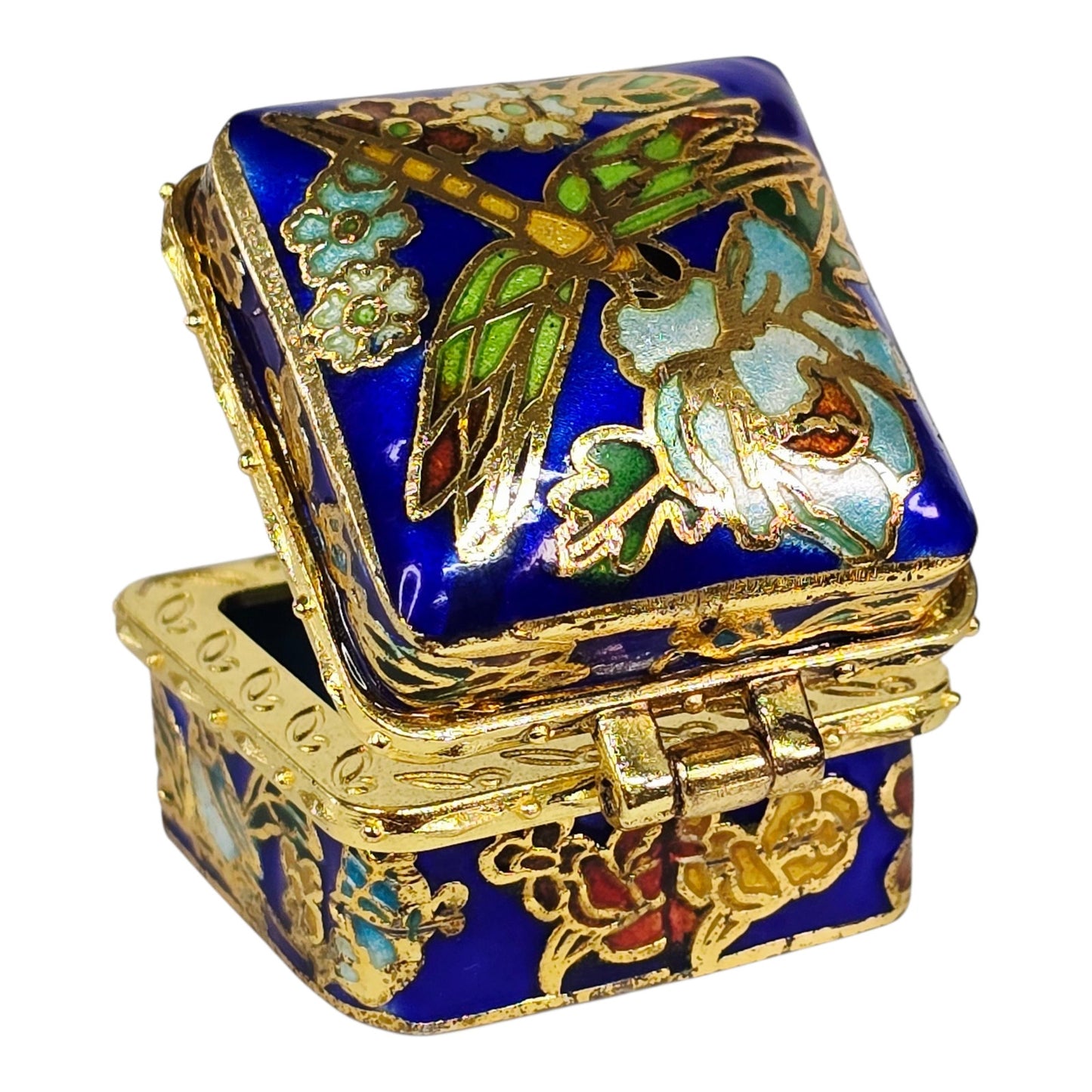 Vintage Cloisonne Trinket Box, Dragonfly & Floral Design