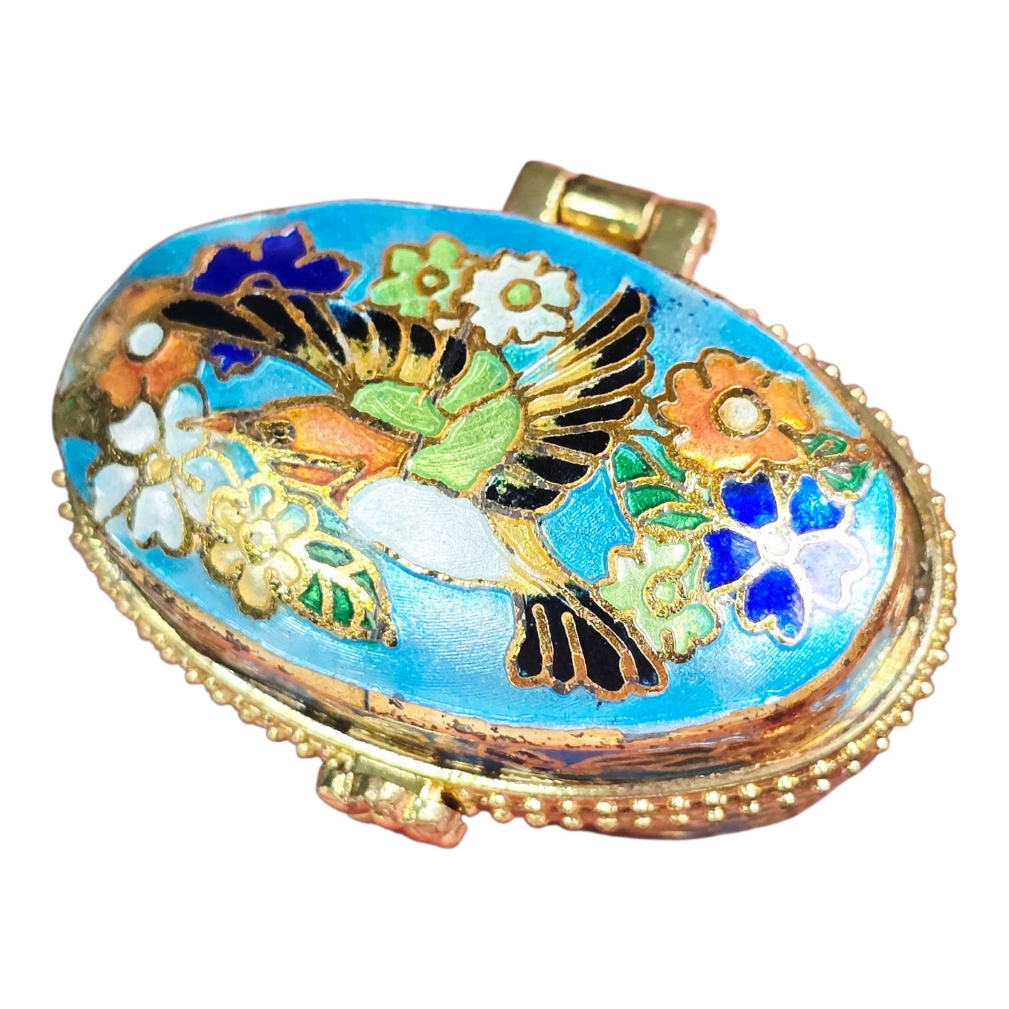 Vintage Cloisonne Trinket Box - Hummingbird & Flowers