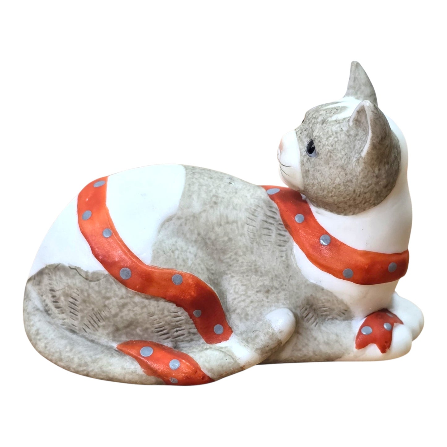 Vtg Silvestri Cat Figurine Handcrafted Taiwan Ceramic Gray White Orange Ribbon