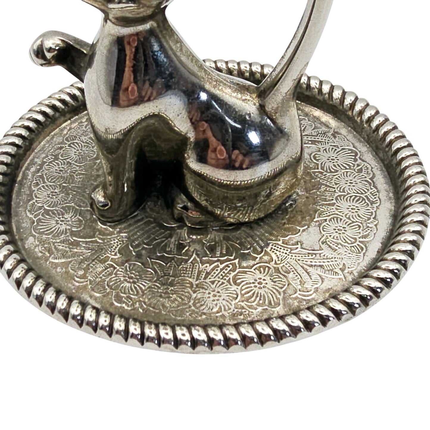 Vintage Silver Plated Cat Ring Holder with Ornate Trinket Underplate