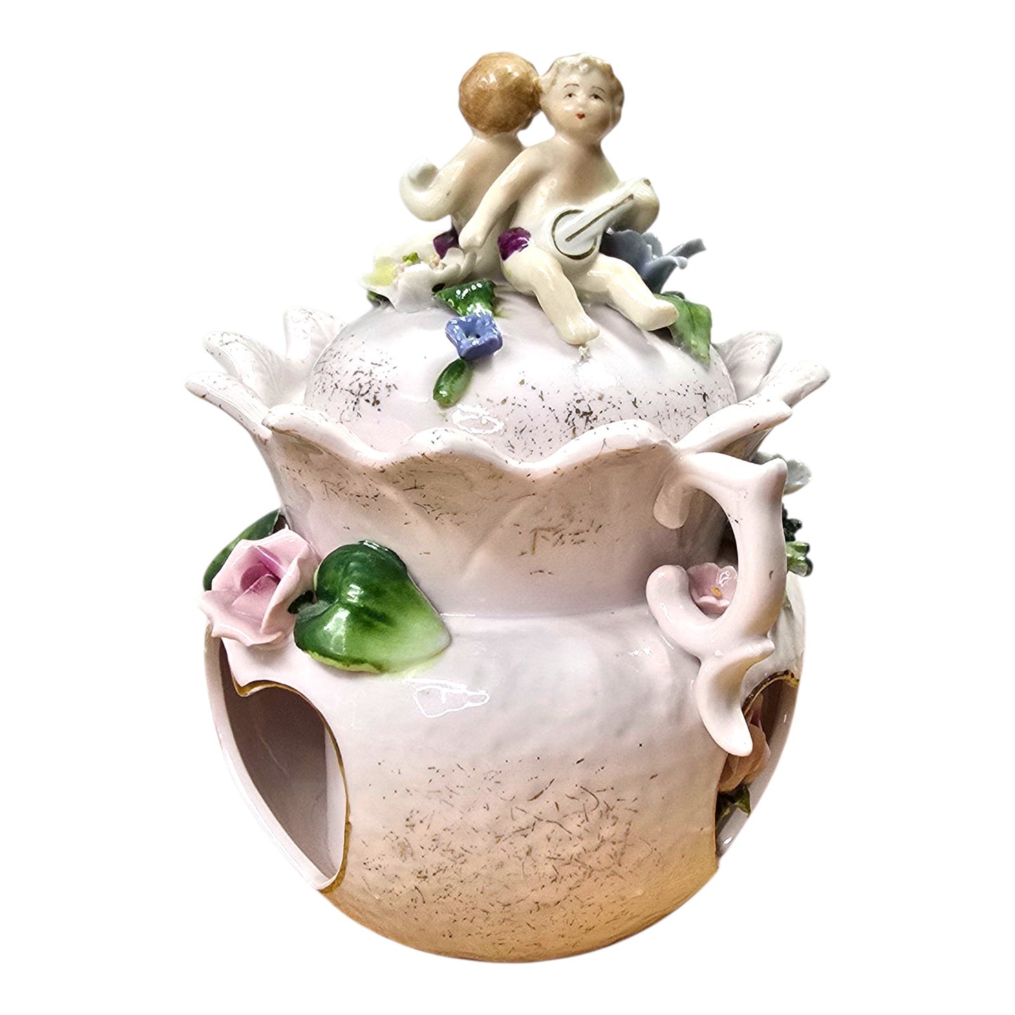 Vintage Capodimonte Style Porcelain Jar Cherub Lid Floral Applied Flowers Pink