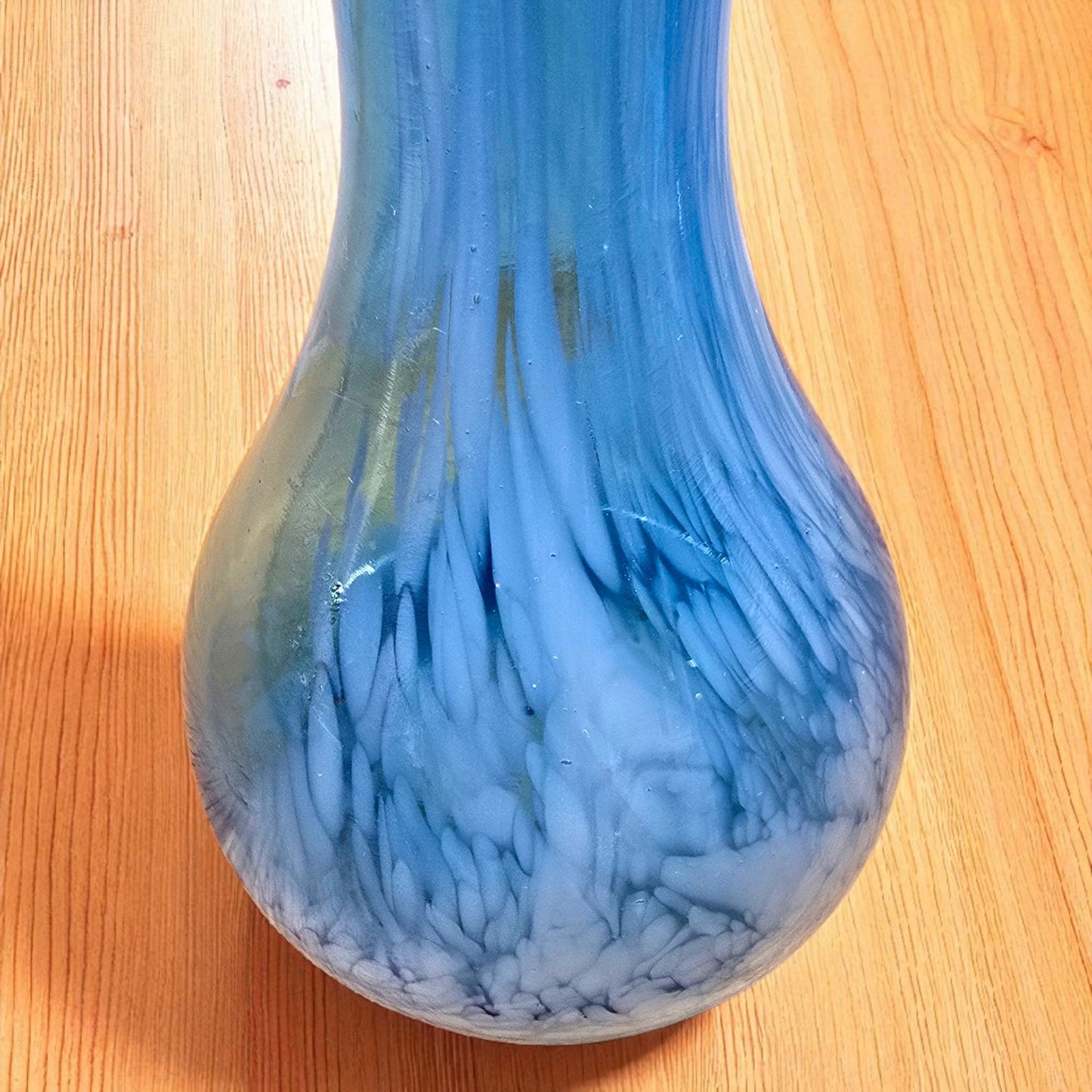 Vintage Blue Hand Blown Art Glass Vase 7" Tall Ruffled Rim Swirl Pattern