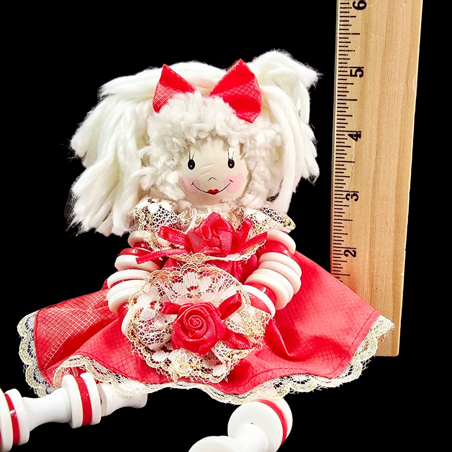 Vintage Wooden Button Doll Shelf Sitter, Wood and Yarn Sitting Doll