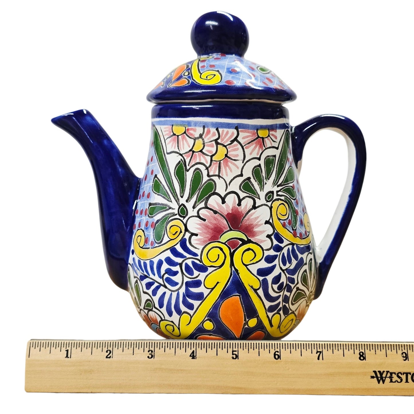 Talavera Teapot Coffee Pot Signed Liceagui Mexico Lead Free Hand-Painted Cobalt