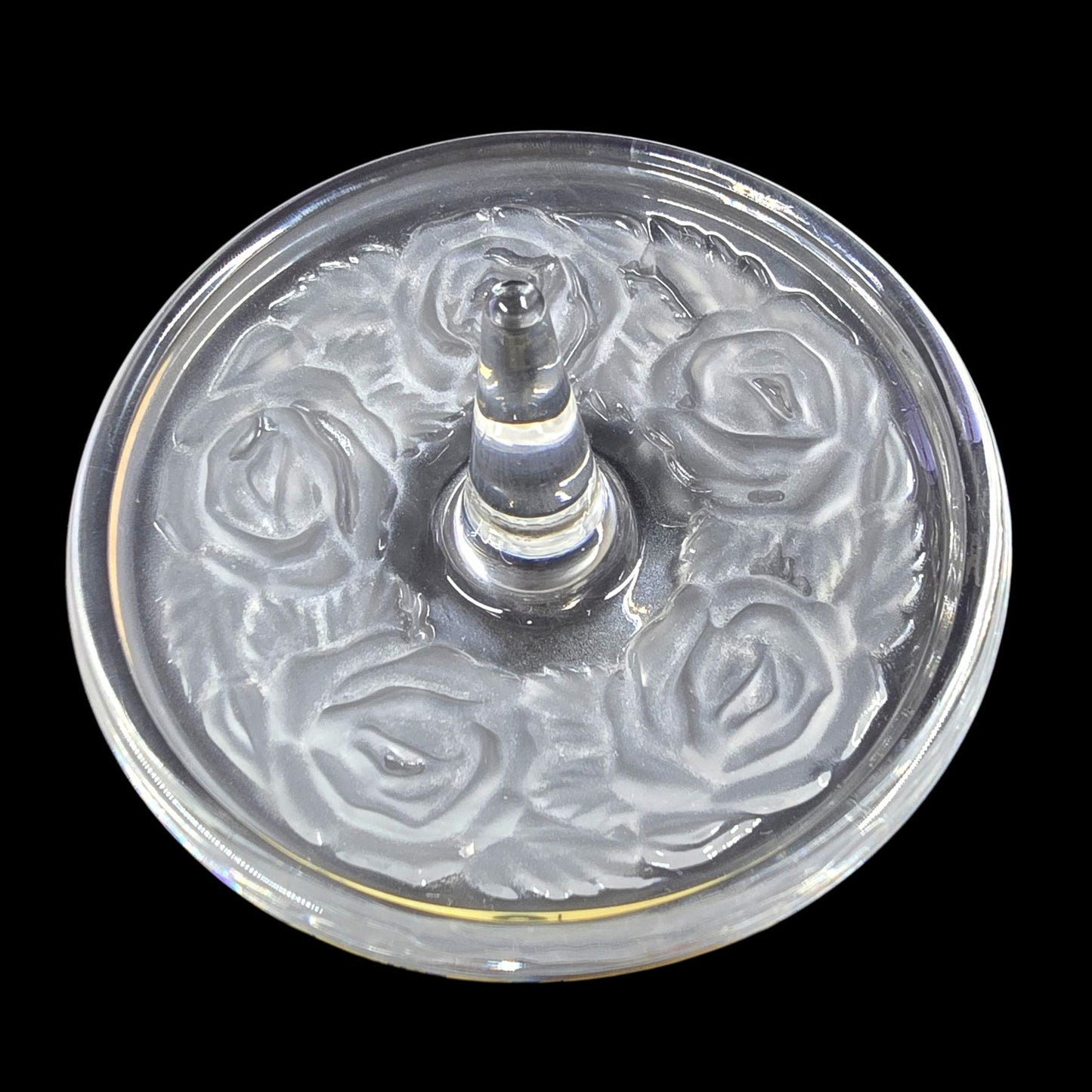 Vintage Clear Glass Ring Holder Dish with Frosted Rose Design Jewelry Tray