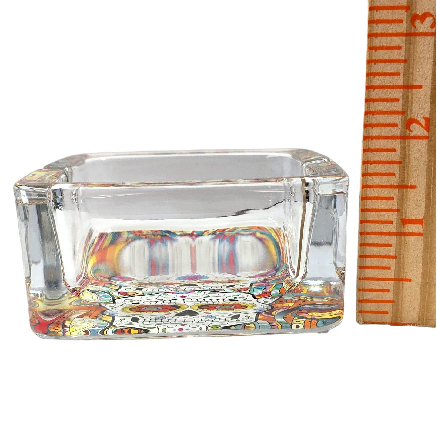 Day of the Dead Sugar Skull Heavy Glass Ashtray Trinket Dish Colorful 3"