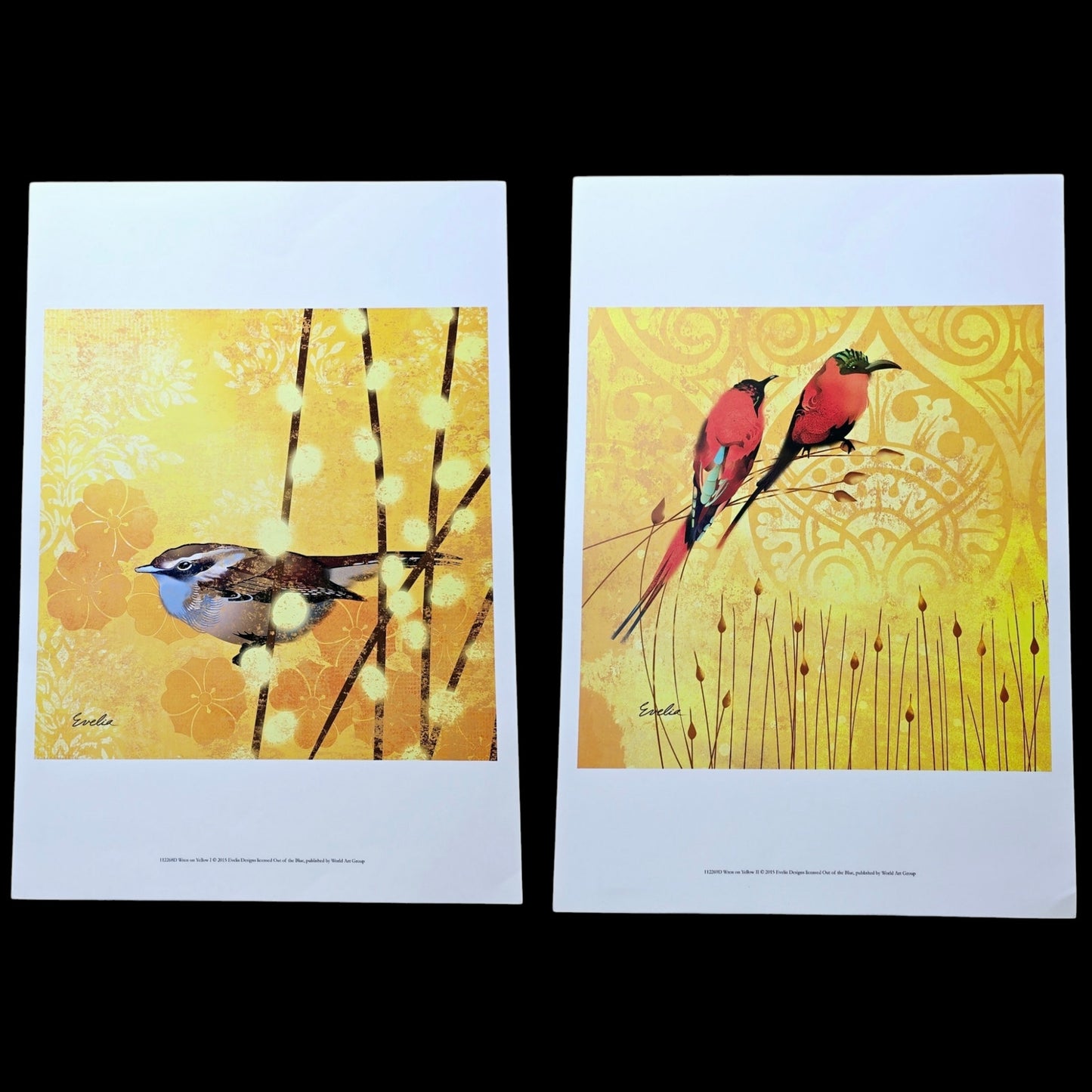 Set of 2 Wren Bird Art Prints Wren on Yellow I & II 2015 Evelia Designs