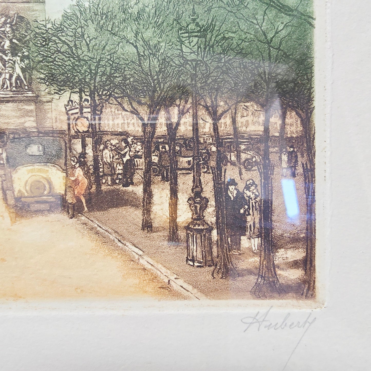 Signed Huberly Paris Scene HandColored Etching Arc de Triomphe Paris, France