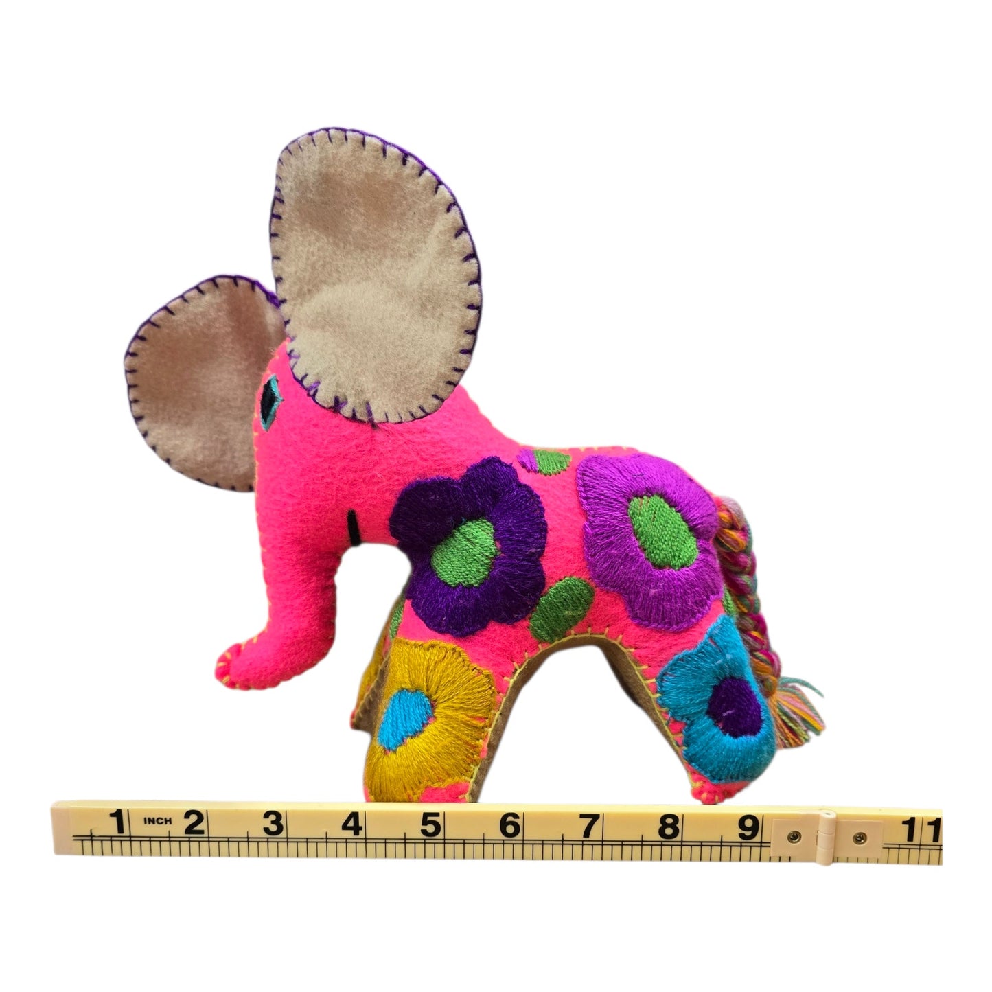Boho Embroidered Elephant Plush Mexican Folk Art Colorful Otomi Style Decor