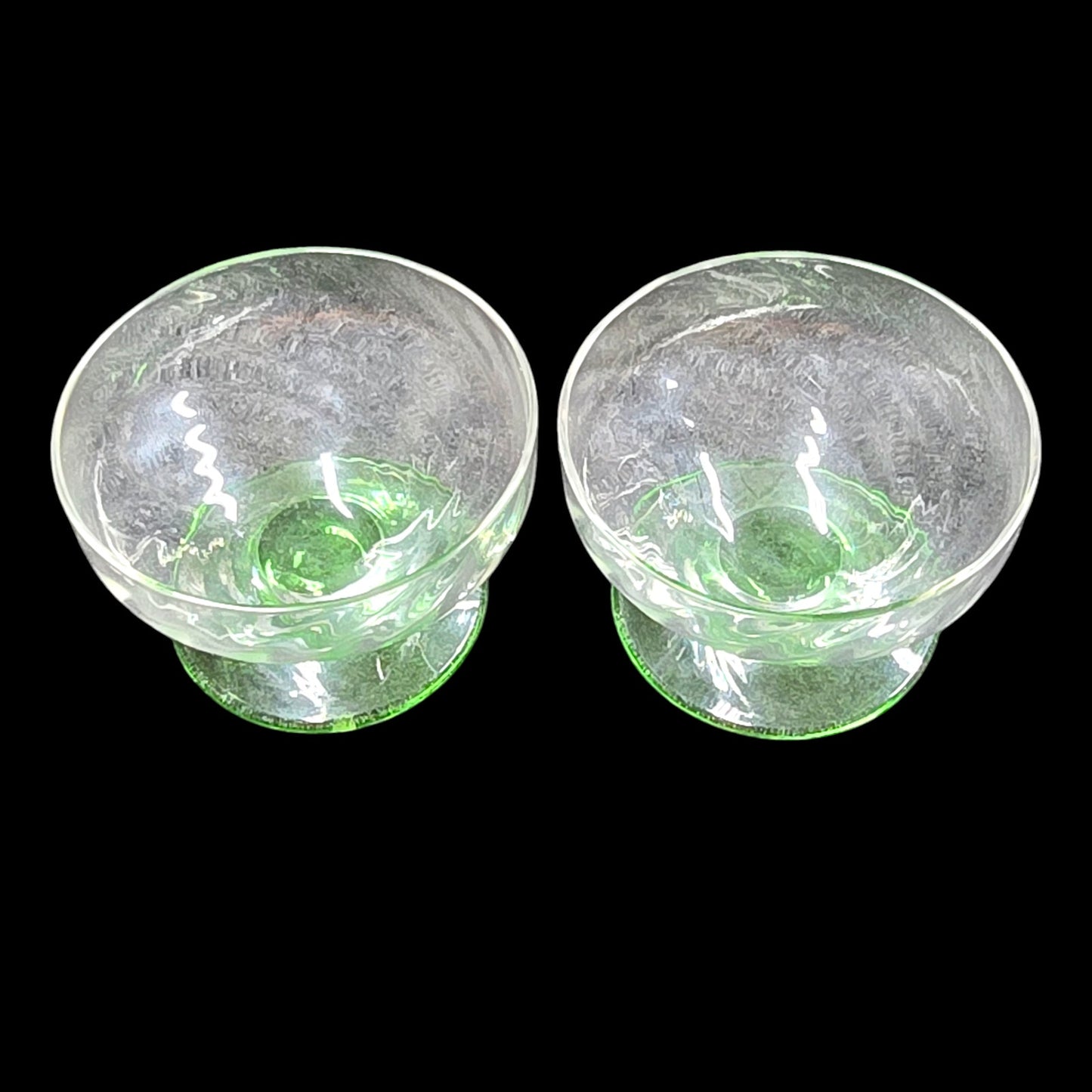 Vtg Uranium Glass Open Salts, 1.5" H, Optic Green Glass Pedestal Mini Glass Cups
