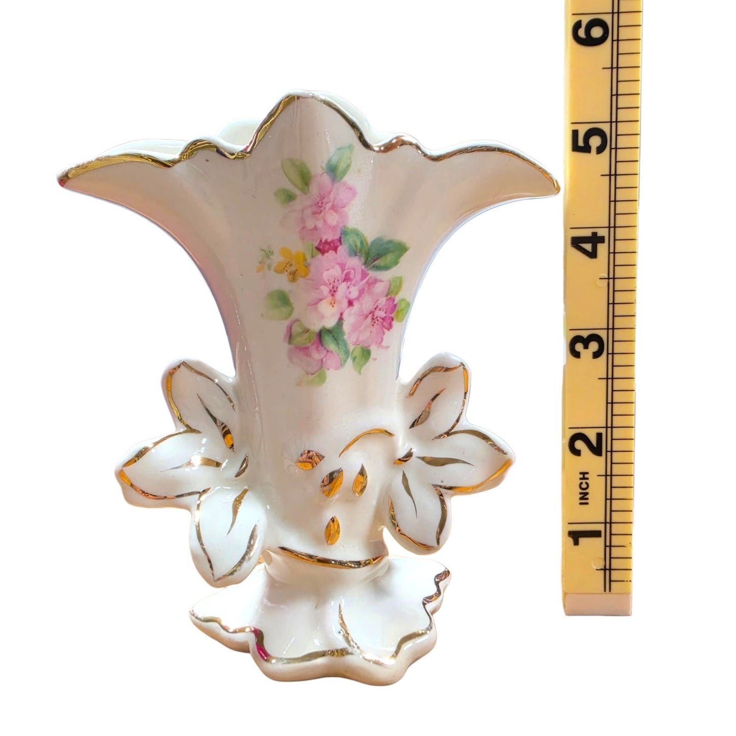 Vintage Floral Fan Vase Ceramic Pink Bud Vase Gold Trim Accent Art Deco AS IS