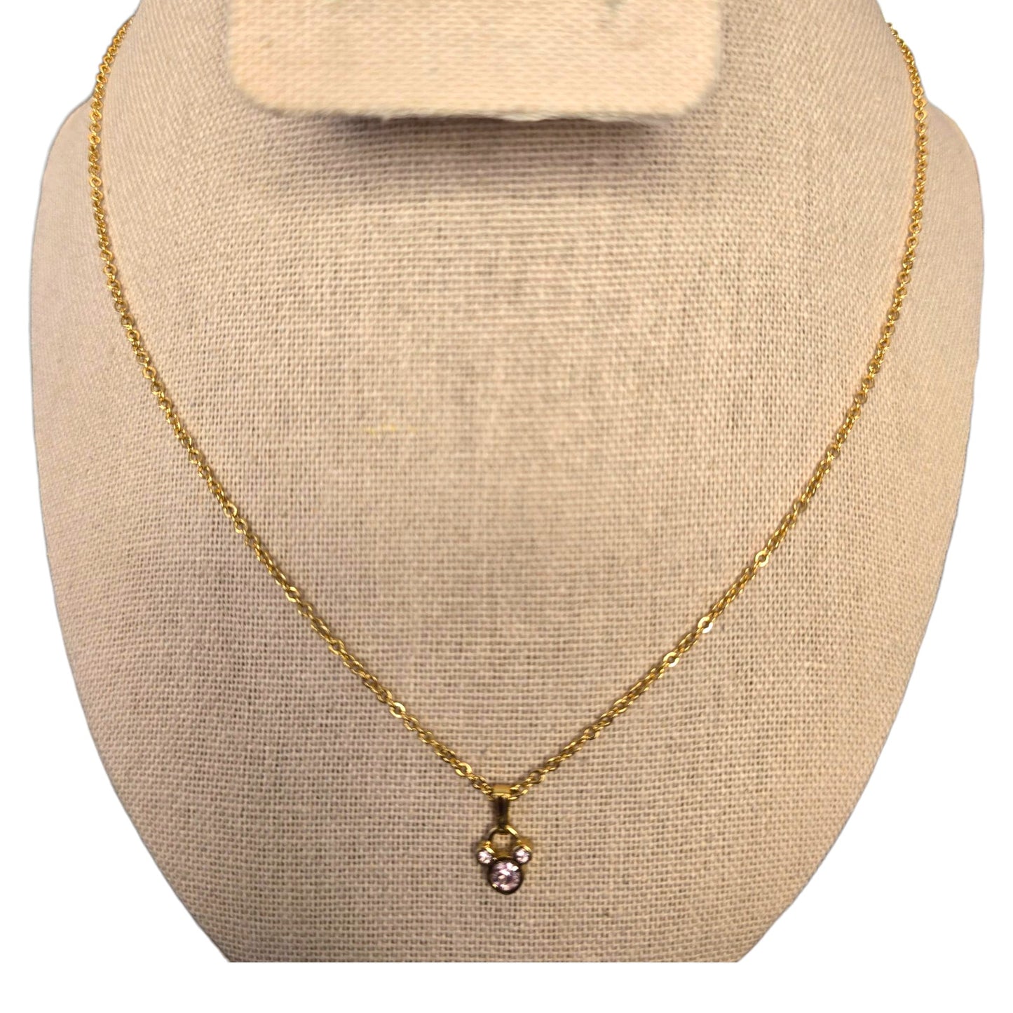 * Disney CZ Mickey Pendant Necklace Gold Tone with Pink CZ Marked Disney 16"