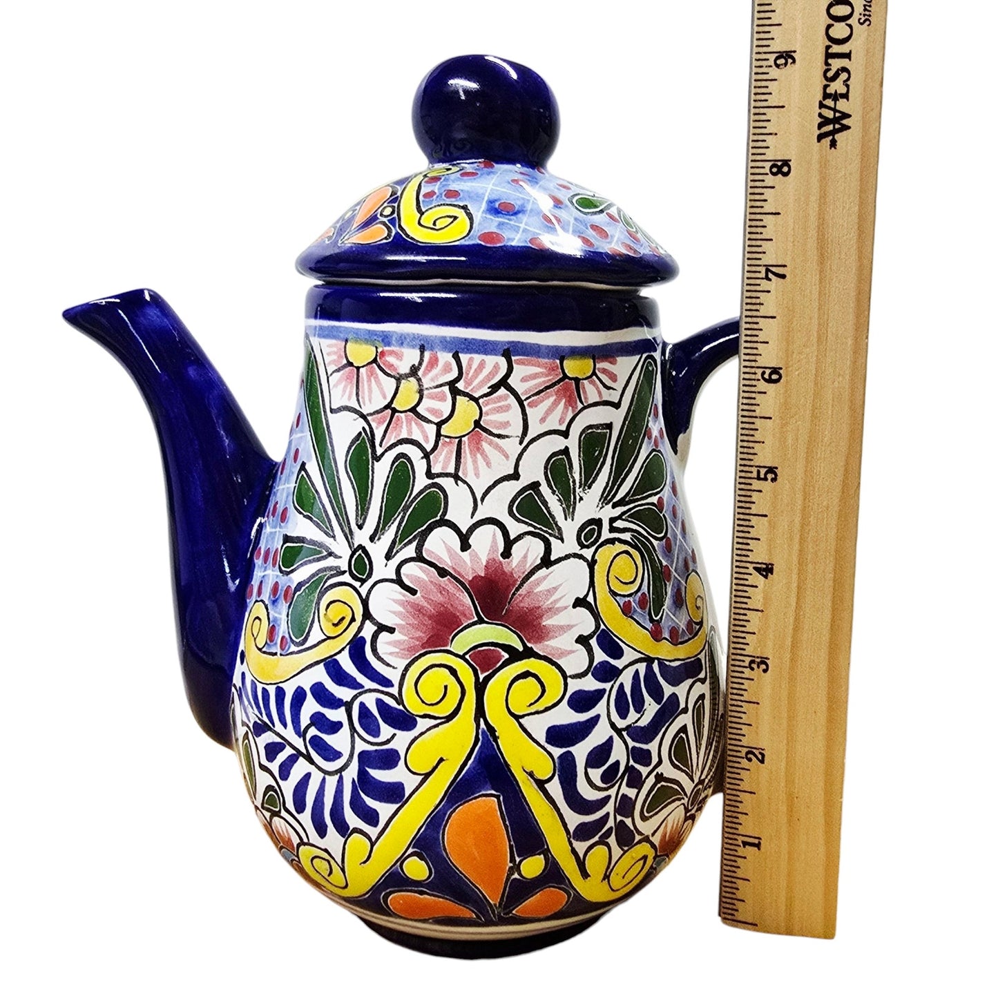 Talavera Teapot Coffee Pot Signed Liceagui Mexico Lead Free Hand-Painted Cobalt