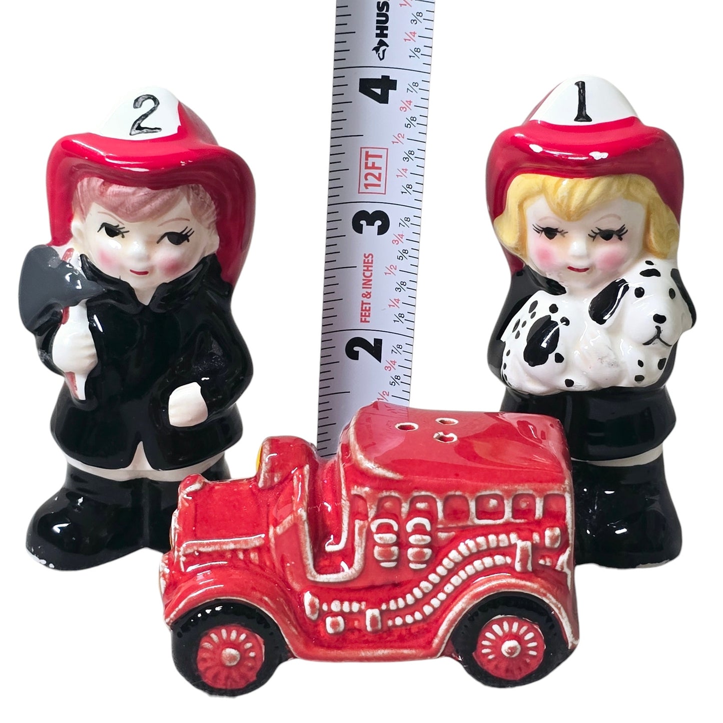 Vtg Junior Fireman Children S&P and Fire Engine 1980s Salt & Pepper 3-Pc Set