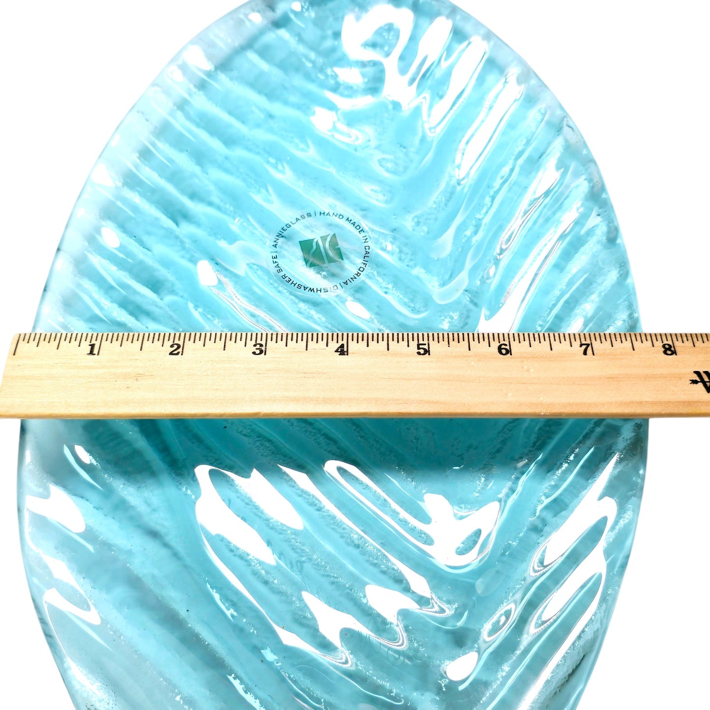Annieglass Signed, Numbered, Oval Platter, Leaf Dish Handcrafted Artisan Glass Made in USA, Textured Ribbed Glass