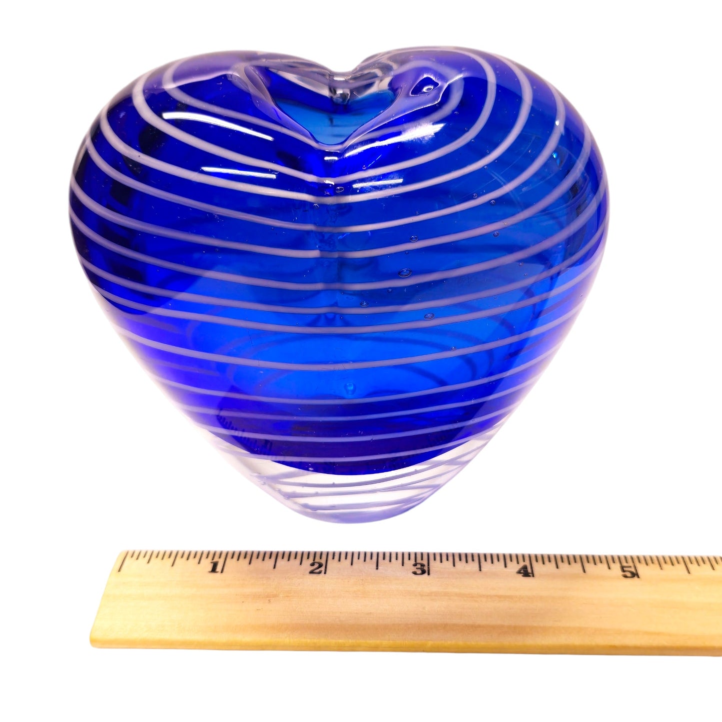 Hand Blown Art Glass Heart Shaped Vase with Blue White Stripes