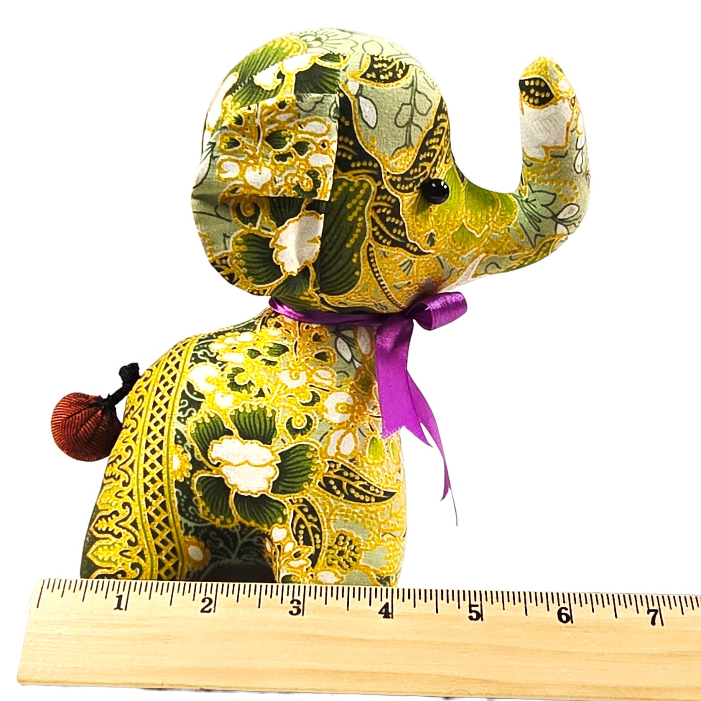 Thai Elephant Doll Handmade Stuffed Toy Green & Yellow Fabric Purple Ribbon