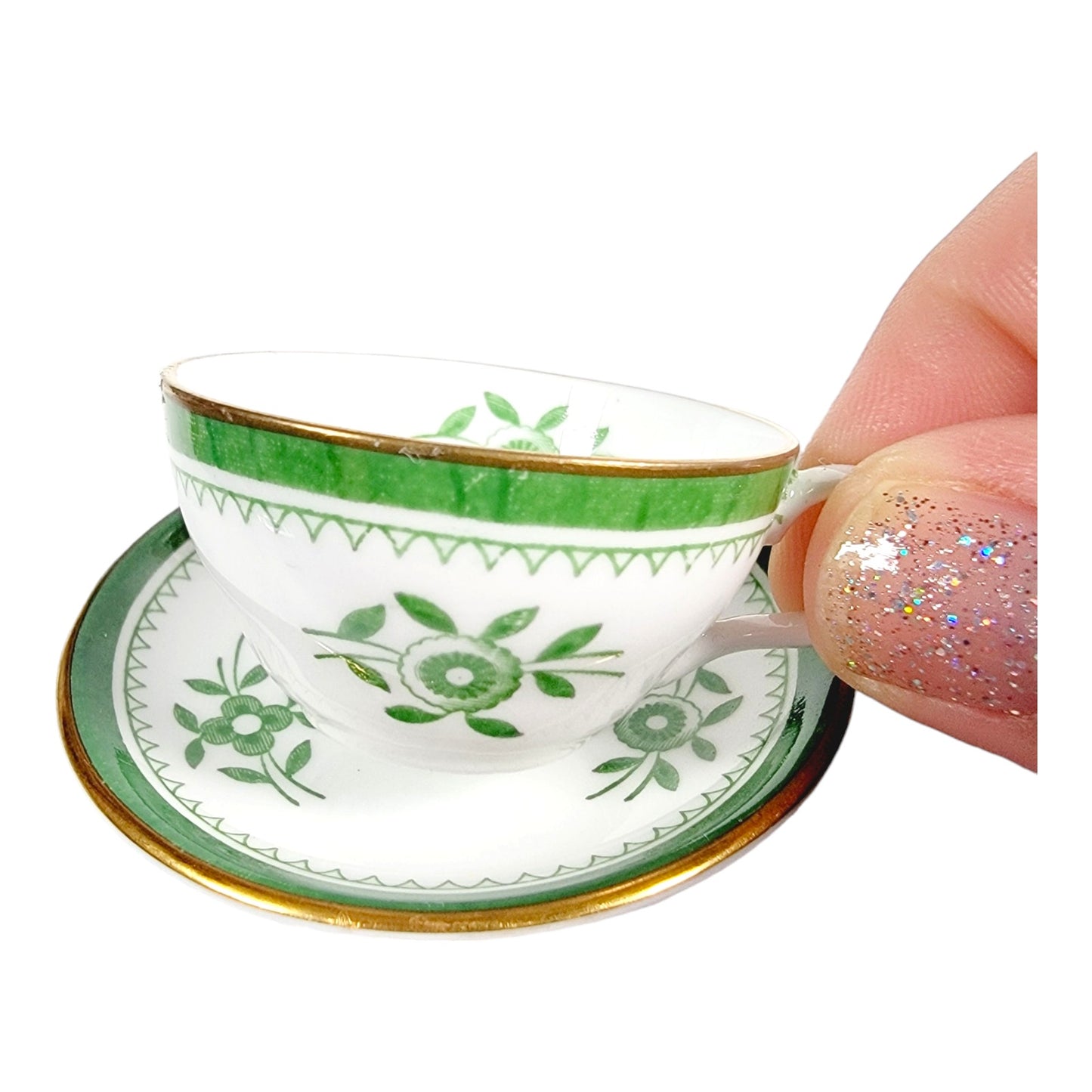 Vintage Spode Copeland Miniature Teacup and Saucer, Bone China Spode Gloucester Green and White