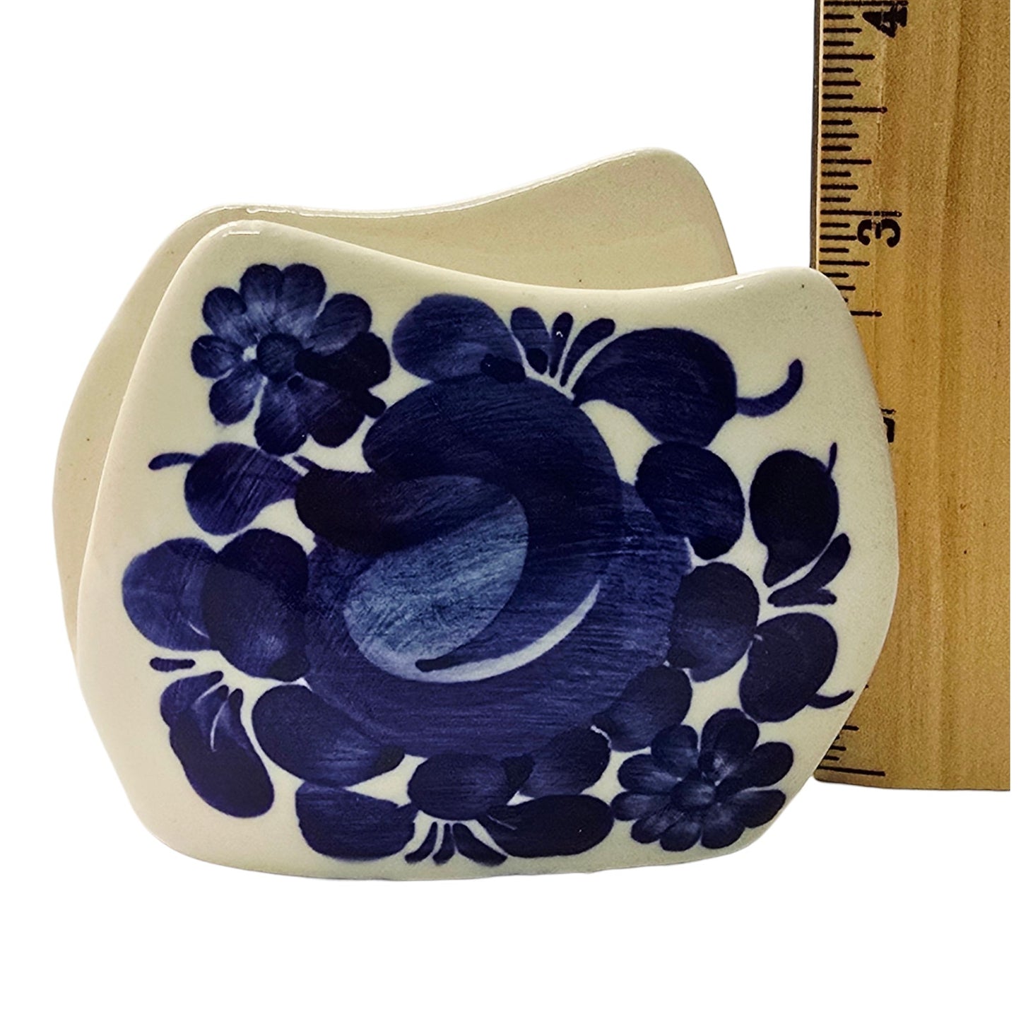 Vintage Polish Pottery Napkin Holder Letter Holder Blue Floral Design Marked