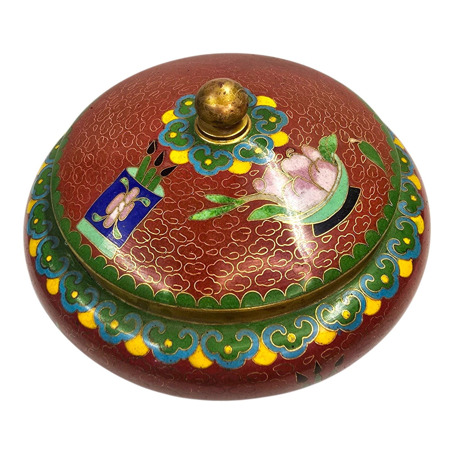 Vtg Chinese Cloisonne Lidded Bowl Red Enamel Lotus Floral Brass Vanity Dish