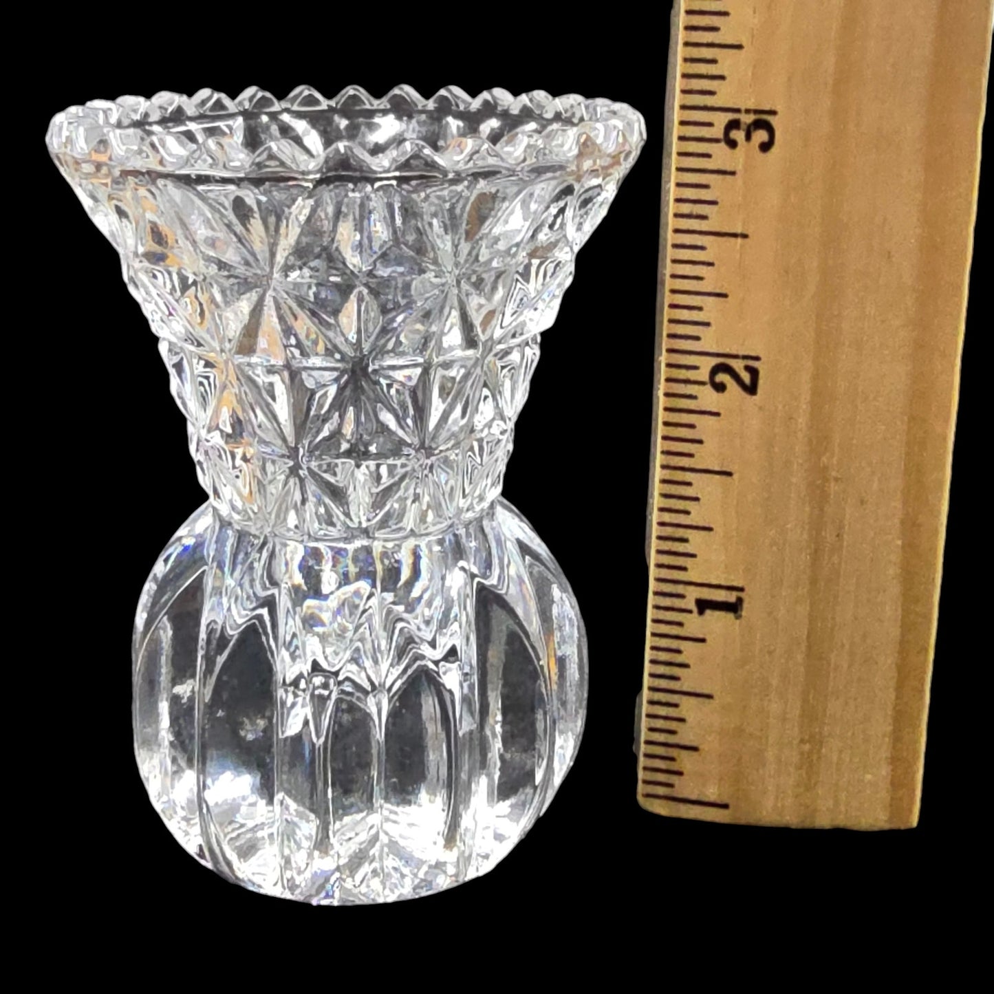 Vtg Crystal Toothpick Holder Bud Bulb Base Flared Top Pressed Glass Sawtooth Rim