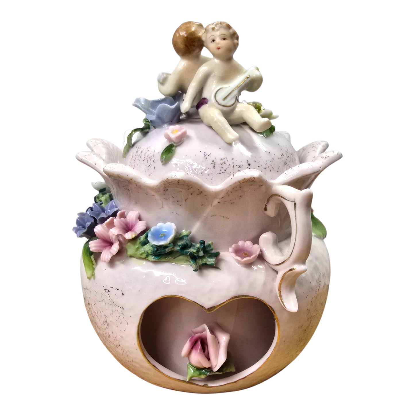 Vintage Capodimonte Style Porcelain Jar Cherub Lid Floral Applied Flowers Pink