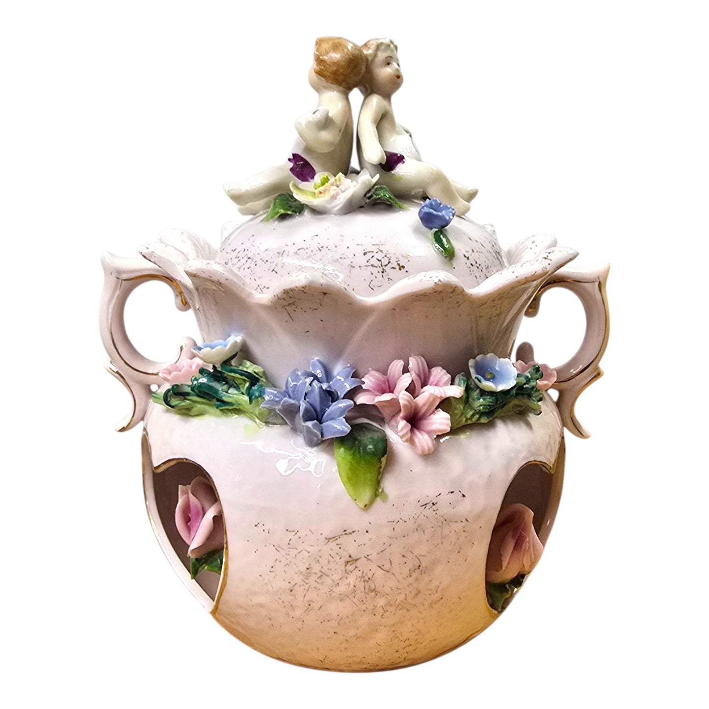 Vintage Capodimonte Style Porcelain Jar Cherub Lid Floral Applied Flowers Pink