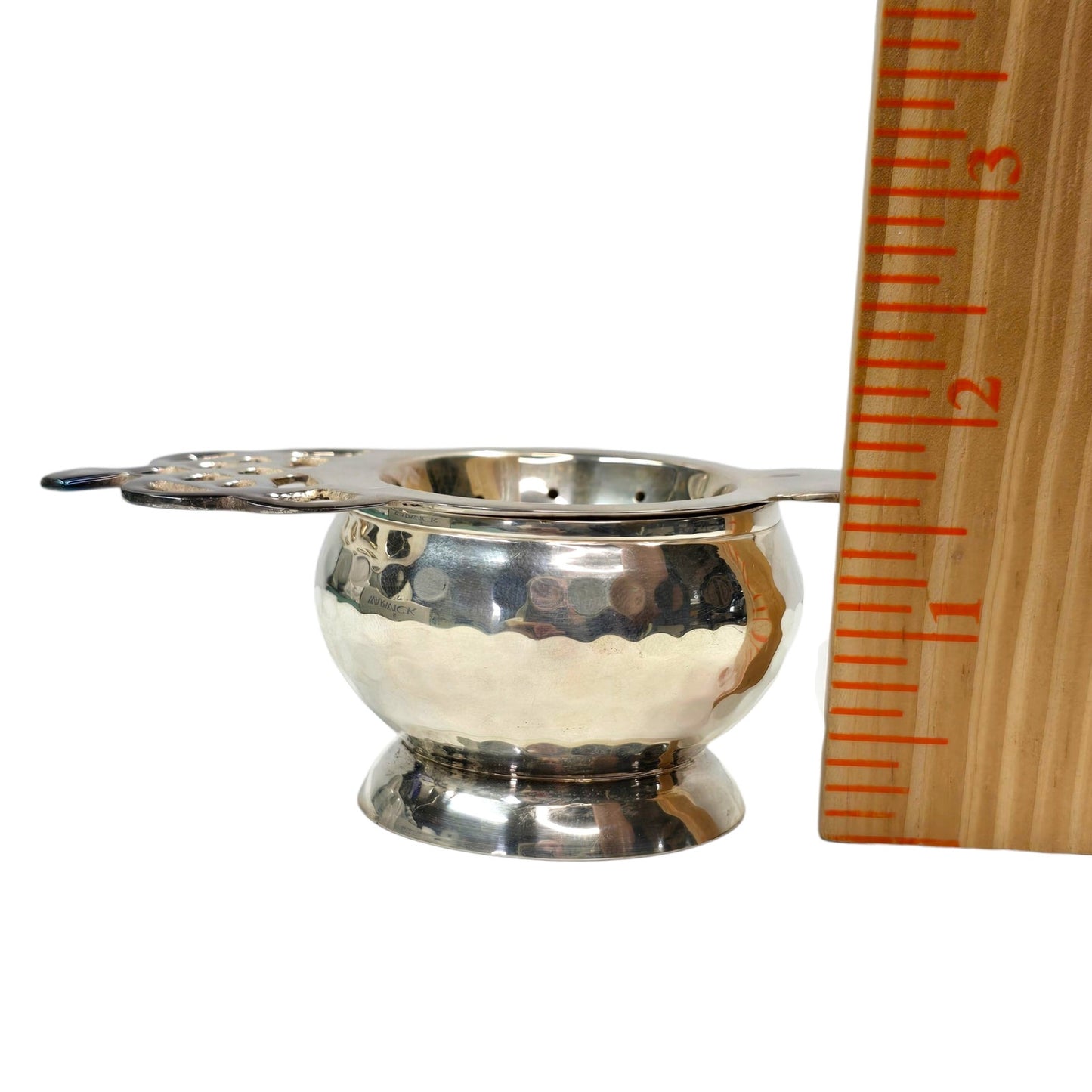 Vtg Warwick Tea Strainer with Bowl Hammered Silver Plated Item No 7094