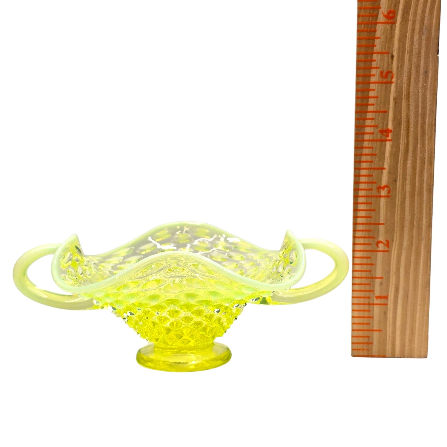 Fenton Vaseline Opalescent Hobnail Bonbon Dish Uranium Glass Double Handle Glows