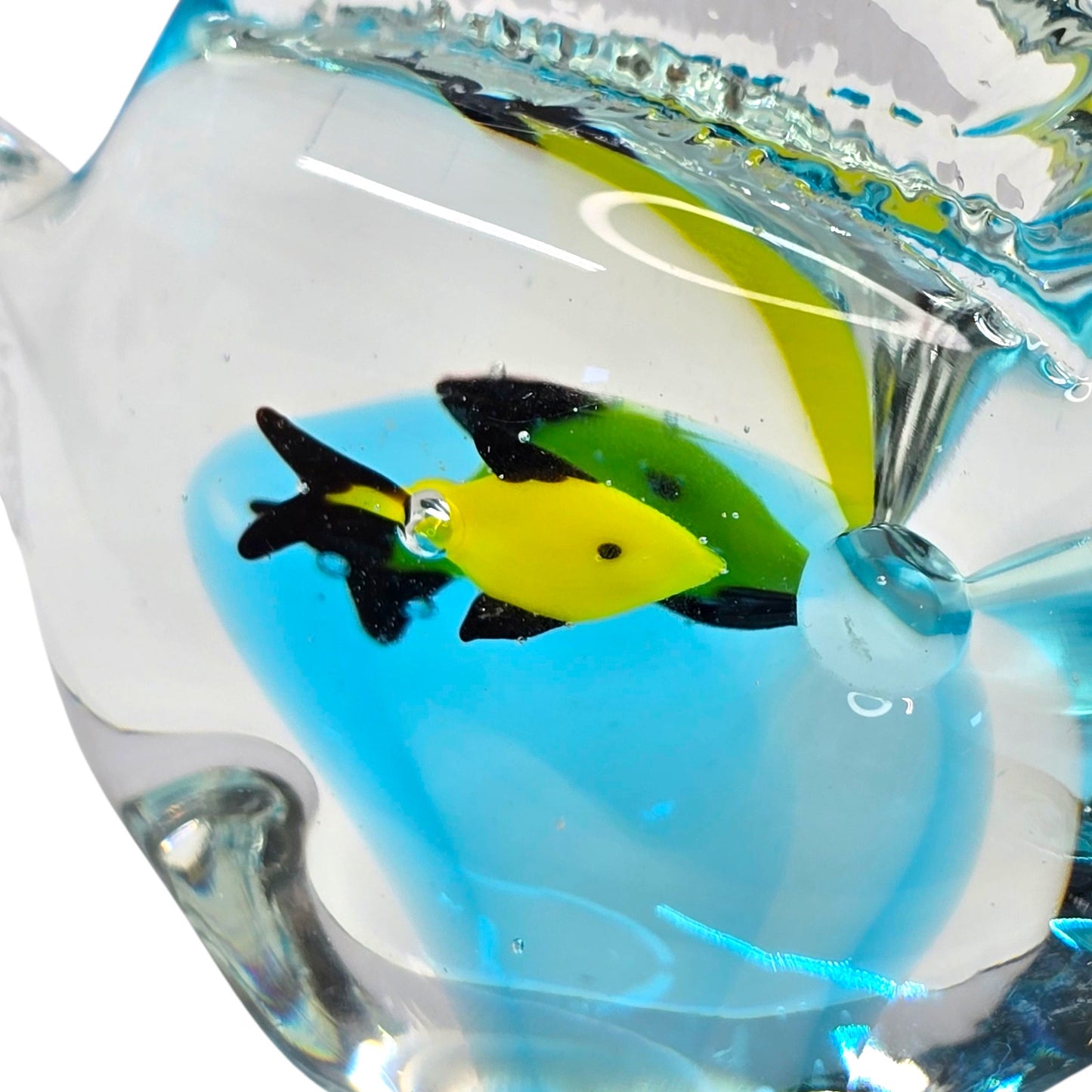 Vtg Art Glass Fish Paperweight Aqua Blue Interior Yellow Fish Aquarium Decor