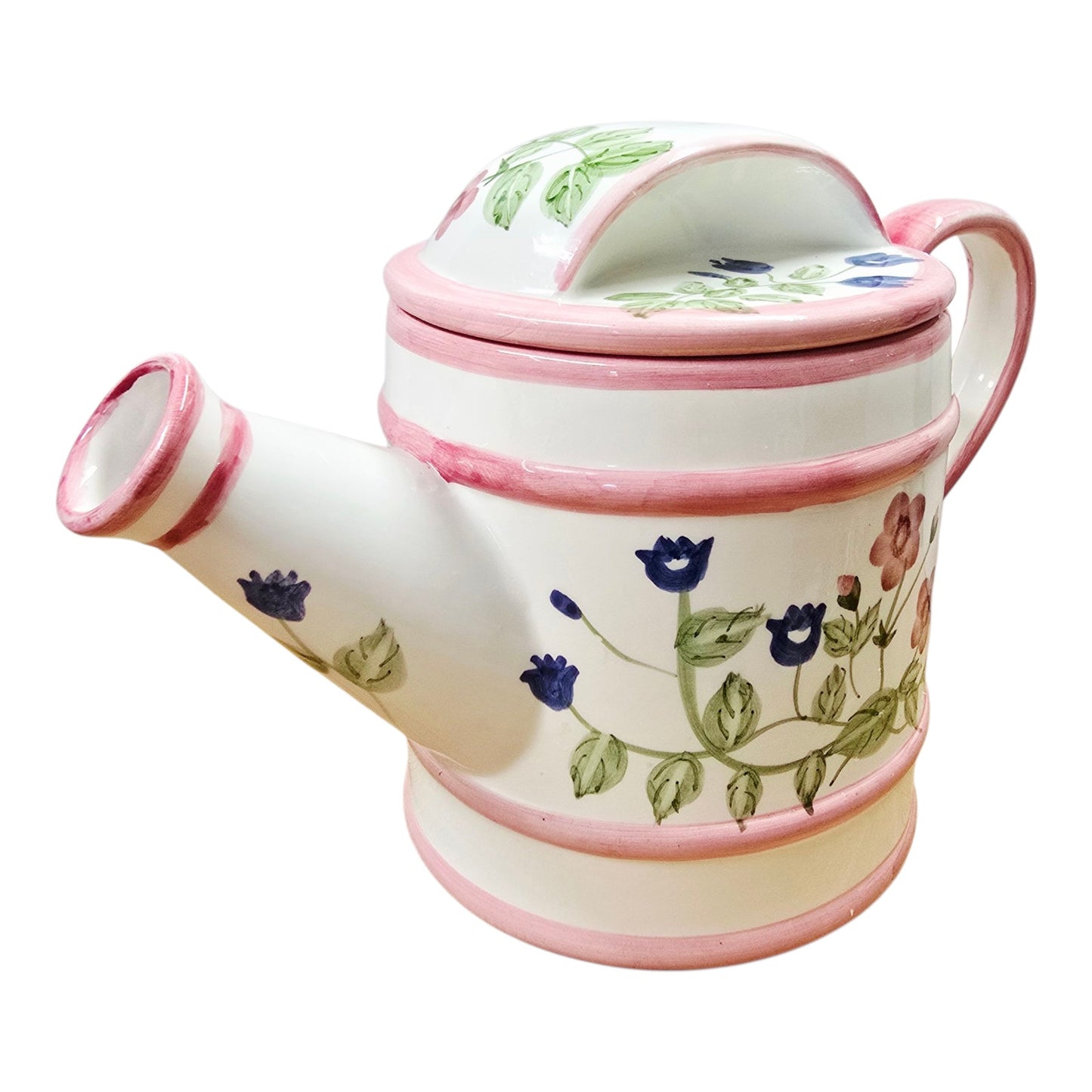 Vtg Lillian Vernon Floral Watering Can Teapot Pink Trim Ceramic Hand Painted Lid