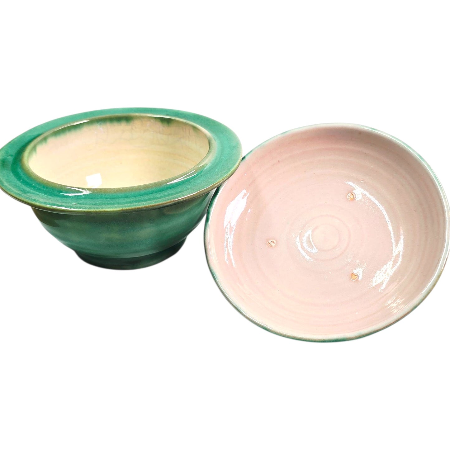Vintage Stengl Pottery GreenTerra Rose Lidded Bowl Rose Finial Made in Trenton USA