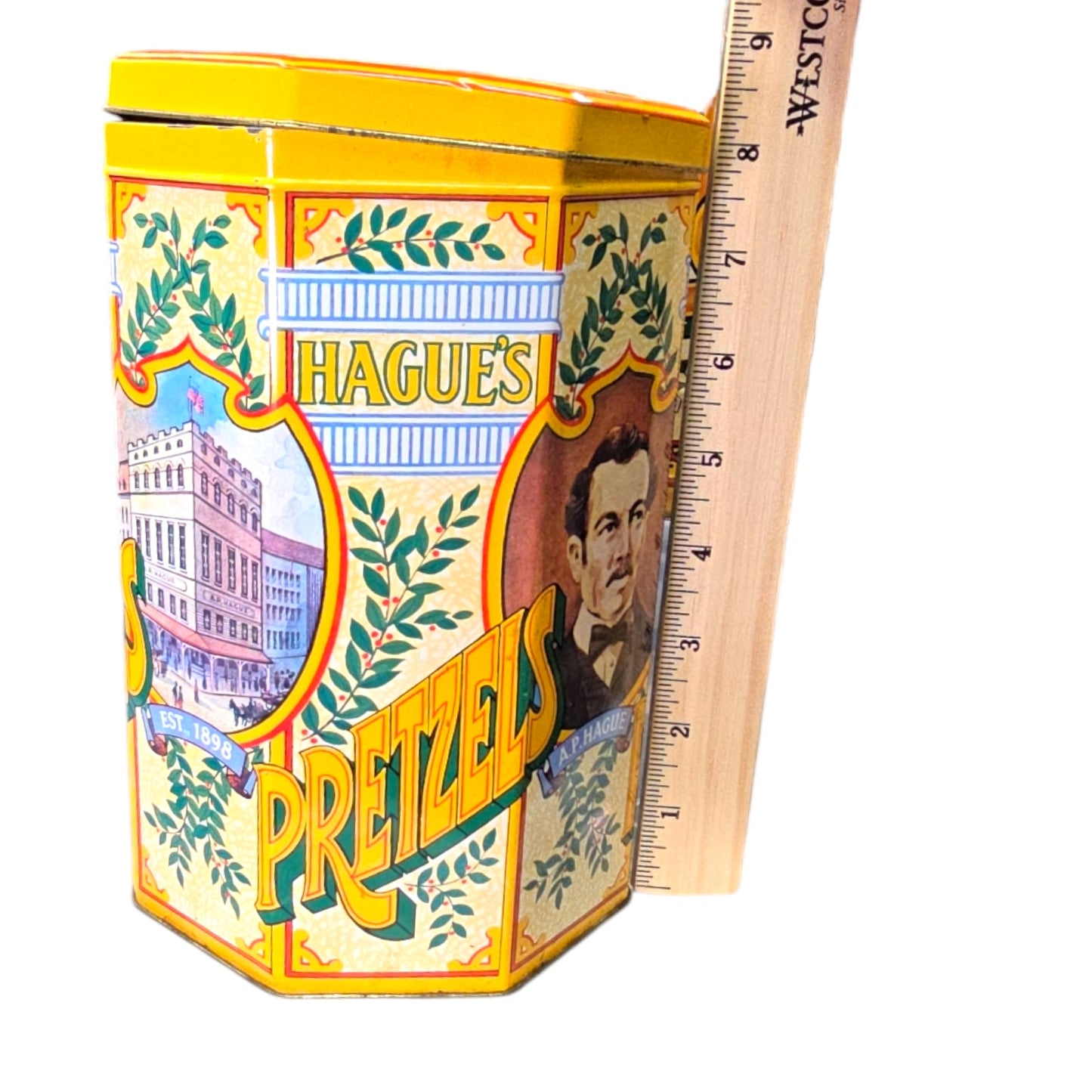 4 pc Vintage Nesting Tin Cannisters, Carmichael's Chips, Hague's Pretzels, Radford's Roasted Nuts and Radford's Spice Jar