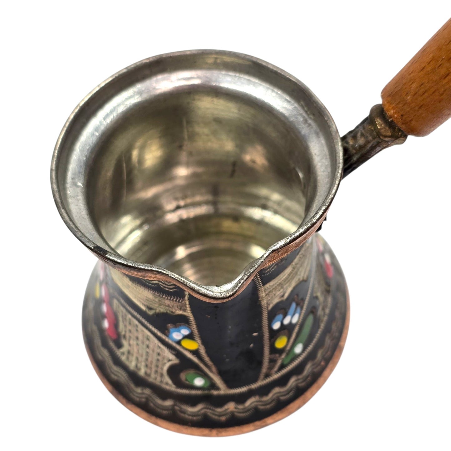 Vintage Hand Painted Copper Turkish Coffee Pot 6oz Enamel Floral Folk Art Cezve w/ Wood Handle