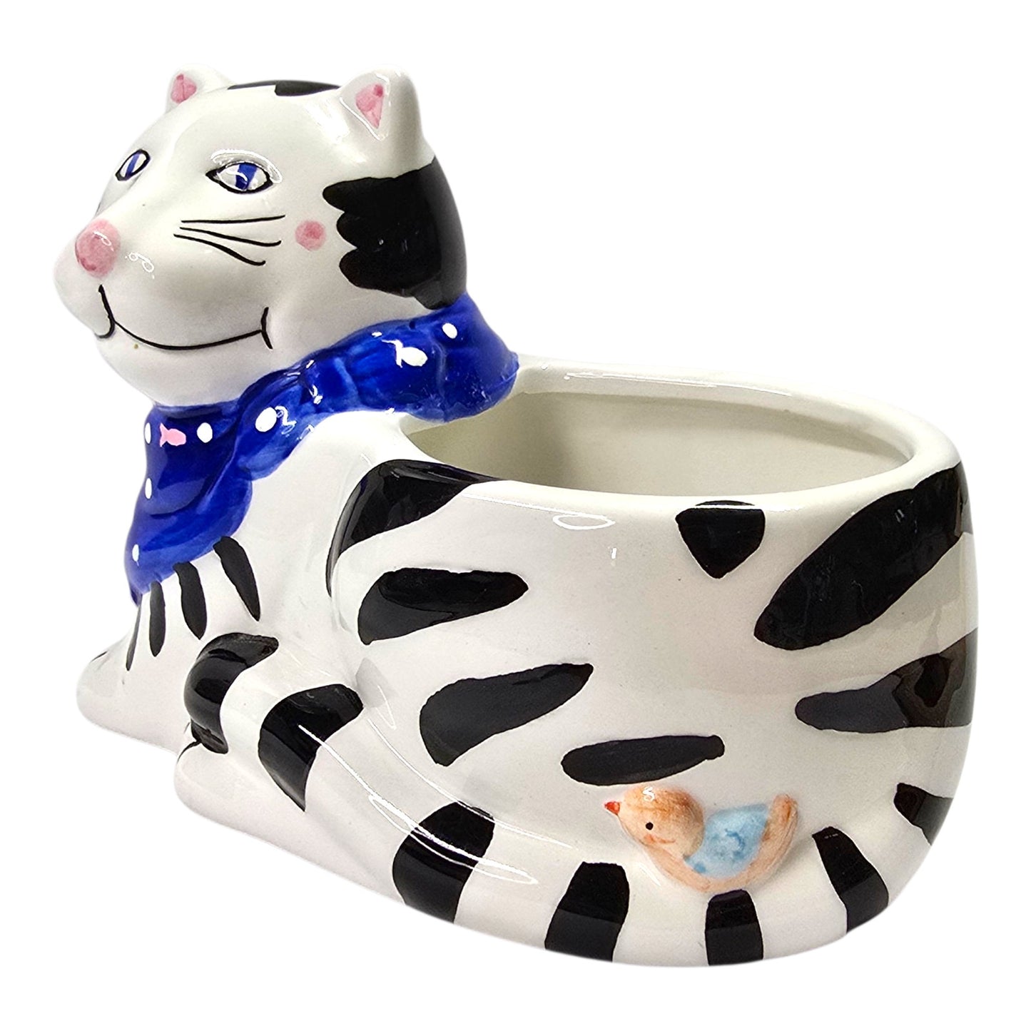 Striped Cat Planter Ceramic Handpainted Blue Scarf Bird Vtg Certified Intl CIC