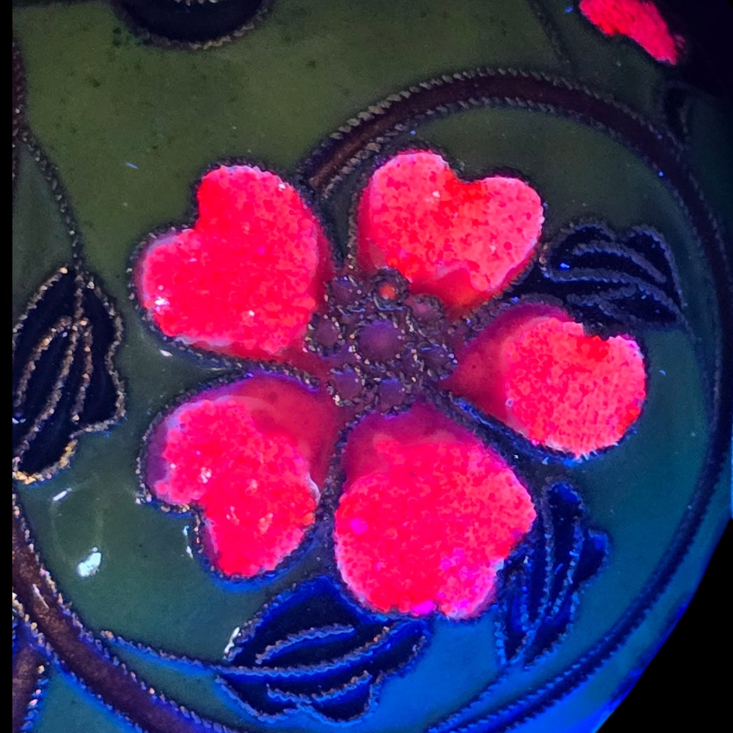 Cloisonne Puffy Heart Hanging Decor Ornament Green with Red Purple Flowers