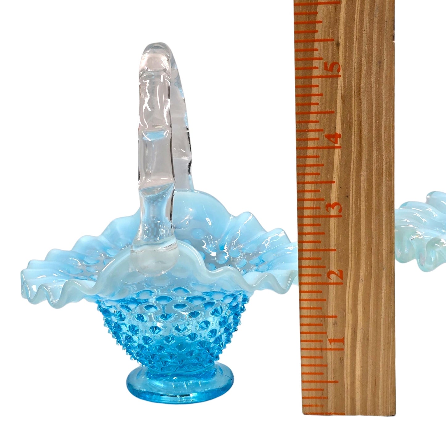 Fenton Blue Opalescent Hobnail Basket Set Uranium Reactive Ruffled Glass Pair