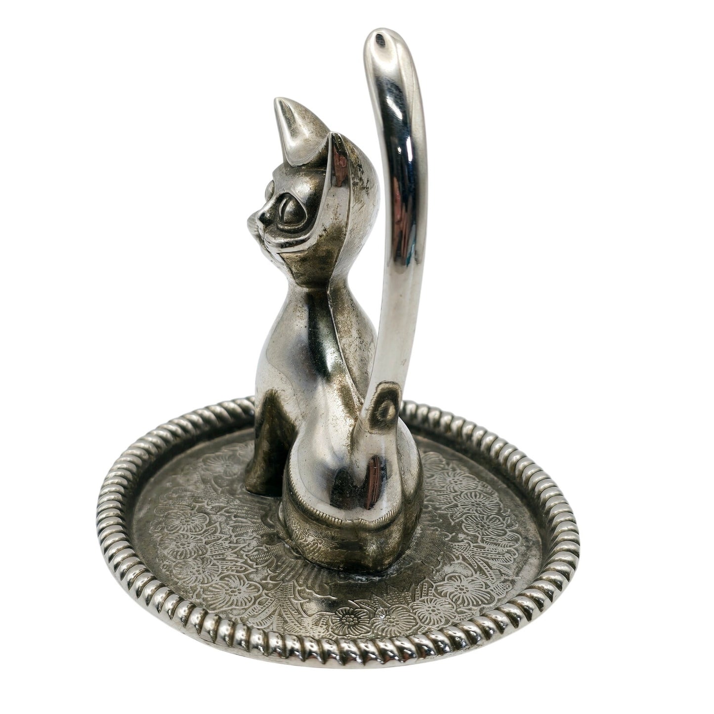Vintage Silver Plated Cat Ring Holder with Ornate Trinket Underplate