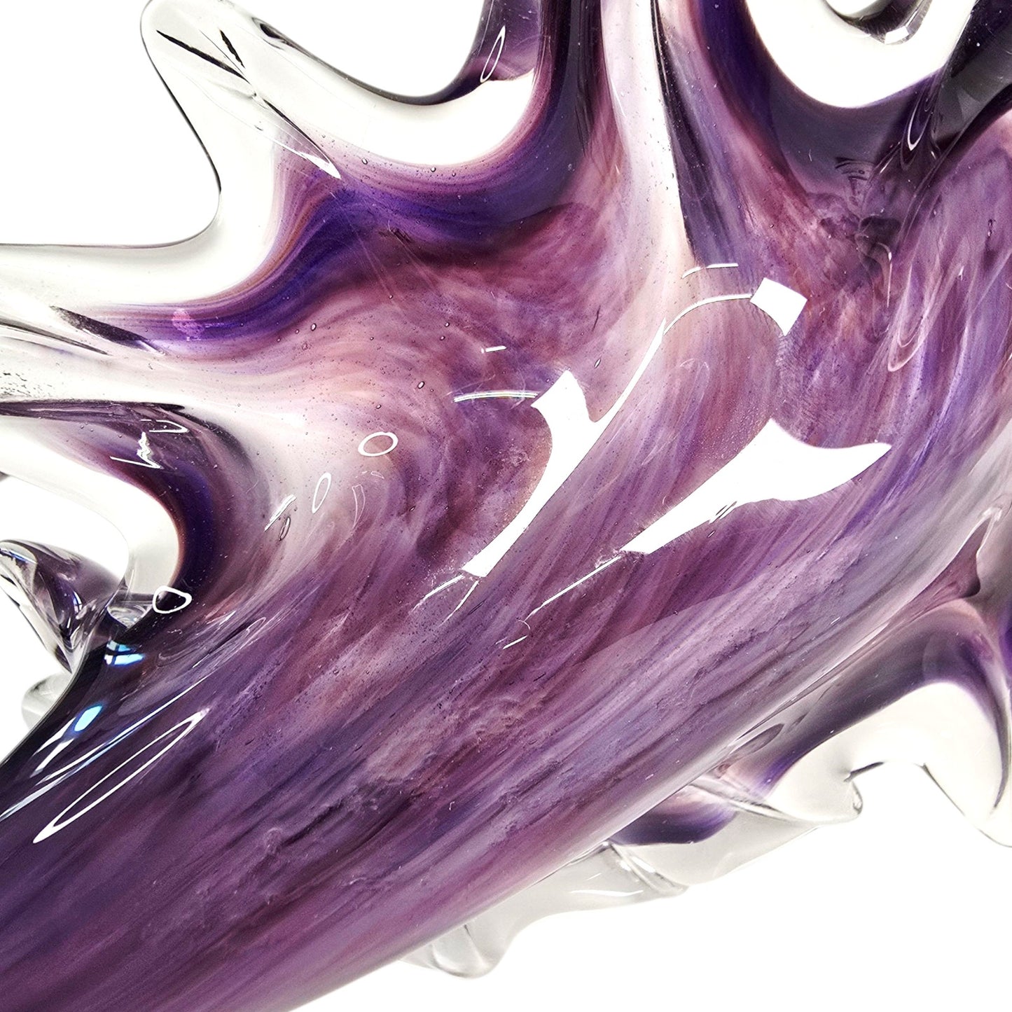 Hand-Blown Purple Trumpet Art Glass Flower Curved Up Stem, Blowing Leaf