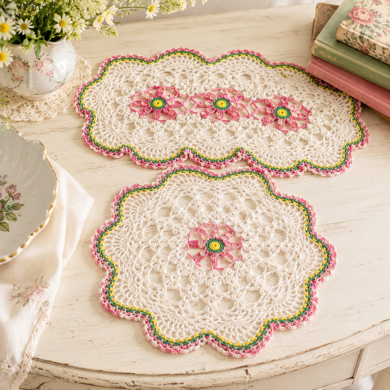 Vintage Crochet Floral Doily Set Oblong Dresser Scarf & Round Doily Handmade