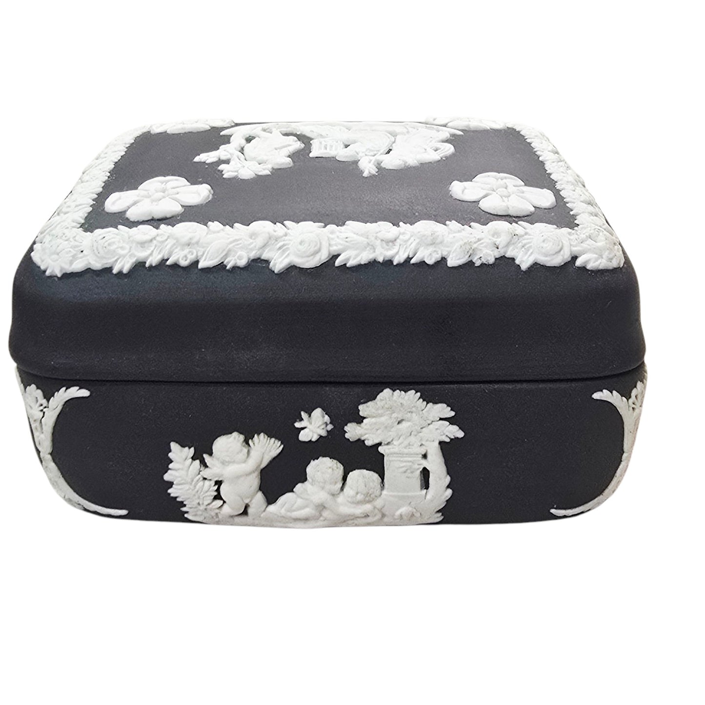 Wedgwood Black Basalt Jasperware trinket box Square Cherubs Courting Couples Made in England