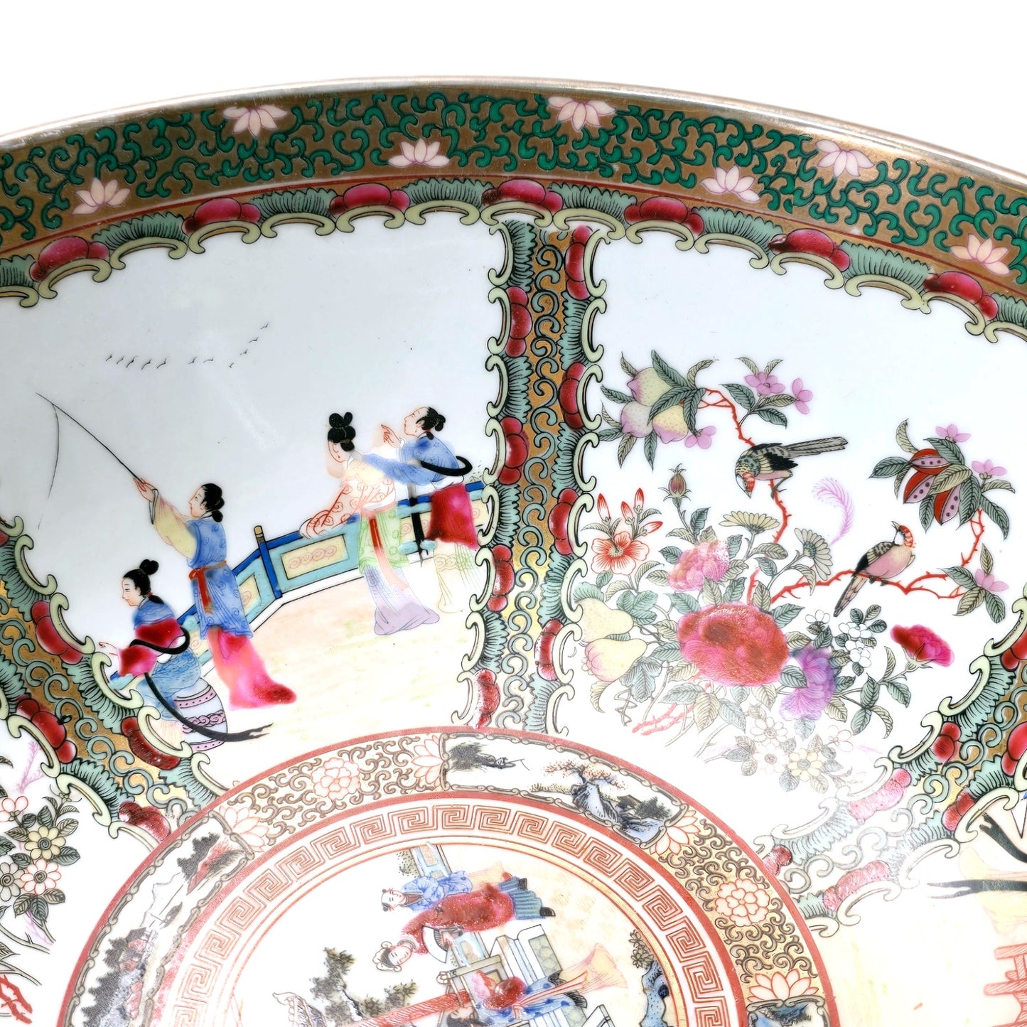 Chinese Famille Rose Medallion Large Decorative Bowl Figural Porcelain 12"